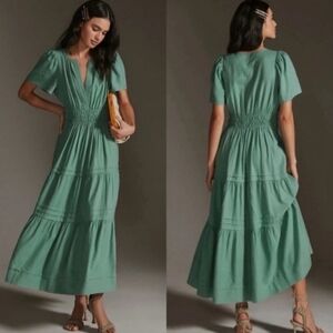 Anthropologie The Somerset Linen Blend Maxi Dress XS Green Tiered V-Neck Smocked